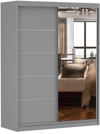 Fabryka Mebli Idźczak Kleiderschrank mit Spiegel, Schiebetüren - Schwebetürenschrank, Schlafzimmerschrank - ‎61 x 150 x 200 cm - Schrank für Schlafzimmer, Ankleidezimmer, Garderobe - Grau