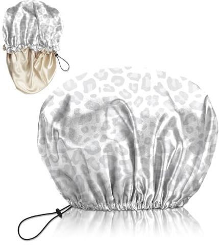 Deokke Duschhaube, mit Seidenfutter, doppelschichtigem Material, wasserdicht, wiederverwendbar, elastisch, verstellbar, niedlichem Design für Damen (G15-Leopard)