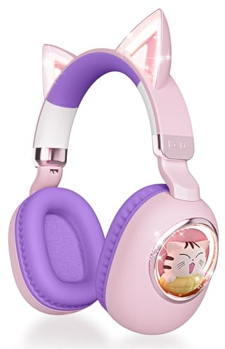 Casque Audio Enfant avec Oreilles de Chat, Bluetooth 5.4 Over-Ear avec Réduction de Bruit, Microphone, Limitation de Volume à 85 dB, Sans Fil ou Câble Jack 3,5 mm, pour Voyage, iPad, Tablette