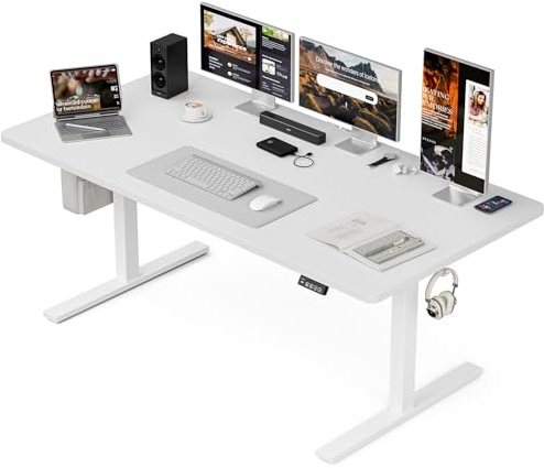 Grandder Höhenverstellbarer Schreibtisch 160 x 80 cm, Elektrisch mit 2 Memory-Funktionen, ergonomischer Steh-Sitz Tisch, 4-teilige Tischplatte Computertisch, Bürotisch, Weiß