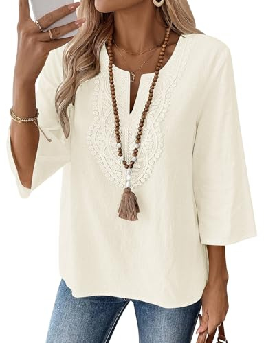 LOMON Womens Spring Tops 3/4 Length Sleeve Womens Tops Dressy Casual V Neck Lace Blouses Loose Fit Cotton Linen Shirts(Apricot,XL)