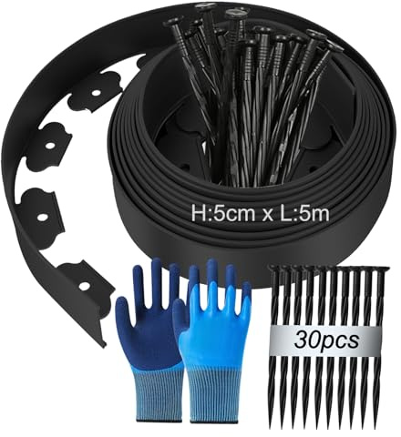 Bordo flessibile in plastica, 5 m (lunghezza) x 5 cm (altezza) per prato, in plastica, bordo per aiuole, bordo tagliaerba per palizzata, con chiodi di fissaggio x 30 + guanti x 1 paio – nero