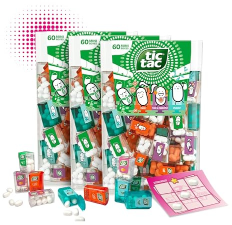 Tic Tac Mini Travels Mix 3x228g Lilliput – 180x TicTac Boxen einzeln – Minze, Orange, Grüne Minze, Passionsfrucht & Pfirsich in Tic Tac XXL Großpackung Mini Süßigkeiten + TicTacToe Spiel