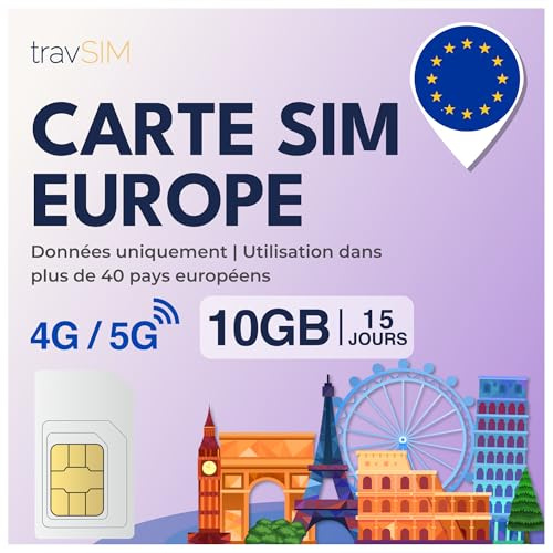 Carte SIM travSIM Europe Internet | 15 Jours - 10 Go | Carte SIM Europe, Allemagne, France, Espagne, Italie et Plus Encore | Accès à Google, Facebook, Whatsapp et Plus Encore | 0 Frais d'itinérance