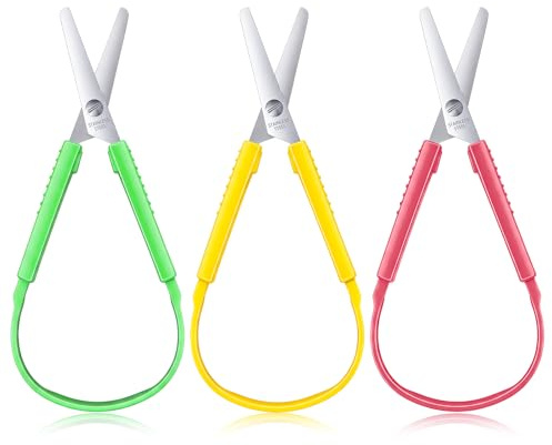 LIQWEI Lot de 3 ciseaux à boucle de 14 cm, design adaptatif à ouverture automatique, ciseaux colorés pour enfants, support droit et gauche pour enfants et adultes (rose, jaune, vert)