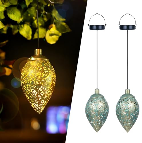 Görvitor 2 Stück Solarlaterne für Außen IP65 Wasserdicht Metall Olivenform Solarlampen für Außen Hängend, Orientalische Solar Laterne Outdoor für Balkon Baum Gartendeko Weihnachtsgeschenke (Grüngold)