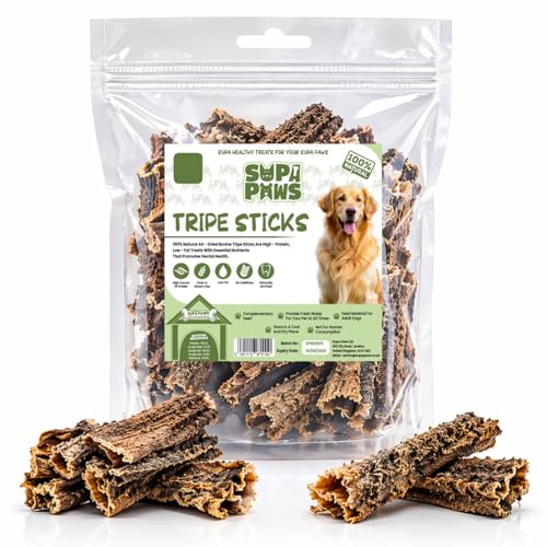 Supa Paws 3Kg Buffalo Beef Tripe for Dog, 100% Natural Air Dried Dog Chews, High Protein & Low Fat Beef Sticks Pet Treats Good for Teeth and Gums Dog Treats Snacks Breeds & Size