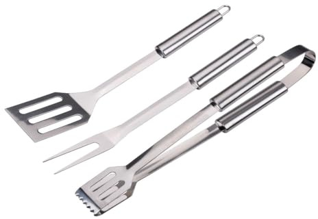 Alpina Grill bestickset 3 delar – grilltillbehör med köttgaffel och grilltänger rostfritt stål – kötttång rostfritt stål och grillbestick för grillning – silver