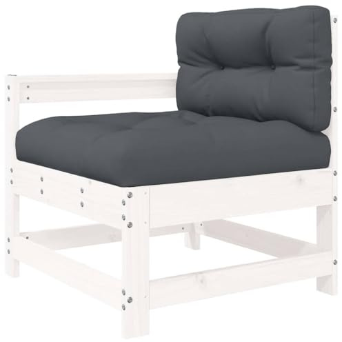 Yisssmeng Gartenstuhl aus massivem Kiefernholz, Loungesessel für Garten und Terrasse mit weichen Polstern, modularer Holzstuhl inkl. Sitz- und Rückenkissen, Weiß, 66 x 62 x 70,5 cm