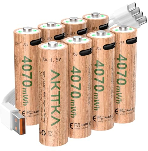 AKTTKA Piles AA Rechargeables 4070 mWh, Lot de 8, 1,5V Lithium, LR6 | Charge USB-C Directe, Câble 1-vers-4, 500+ Cycles, pour Manettes, Serrures Connectées, Souris, Claviers & Thermomètres
