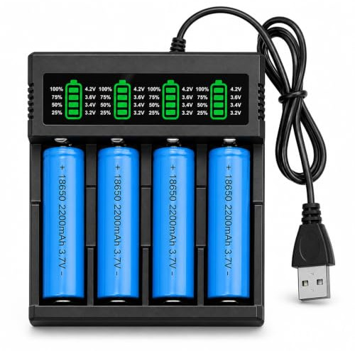 Battery Charger Set with 4 Pack 2200mAh 3.7V Pointed Batteries, Afenau Rechargeable Battery and Charger, 4-Bay Rechargeable Battery Charger with LED Indicator for 18650 21700 26650 26700