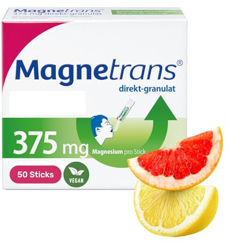 Magnetrans direkt-granulat 375mg: Magnesium Pulver hochdosiert, 50 Sticks | 100% Tagesbedarf pro Stick, Einnahme ohne Flüssigkeit, ideal für unterwegs, Zitrone-Grapefruit-Geschmack, vegan