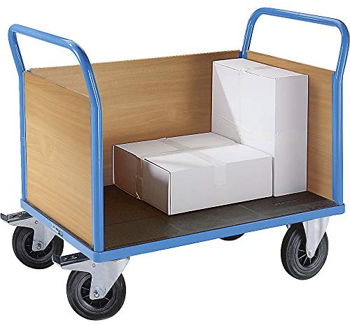 eurokraft pro | Plattformwagen mit Holzwänden | Mit 3 hohen Wänden, LxB 1150 x 700 mm, Vollgummi