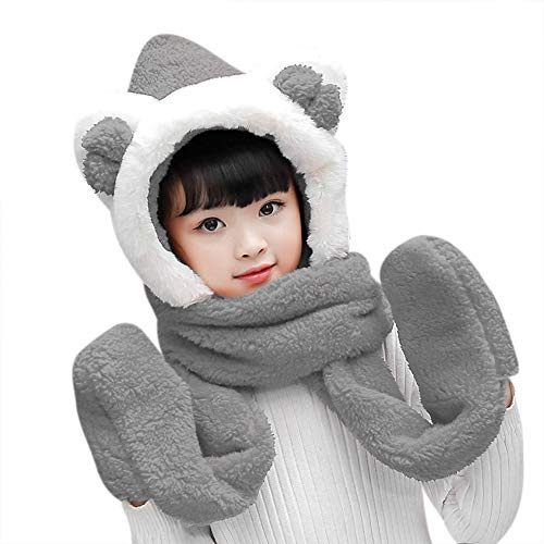 Bonnet Echarpe Moufle 3 en 1 Enfant Chapeau Fille Garcon Hiver avec Un Foulard de Gants Chaud Mignon Unisexe Cagoules en Peluche Cache Oreilles Capuche pour Voyage Ski Noël Outdoor
