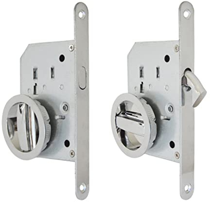 BricoShopping® Set de poignées pour porte intérieure en bois à compartiment coulissant kit avec serrure encastrée crochet clé et cliquet aveugle rond embout acier (rond C/serrure, chrome brillant)