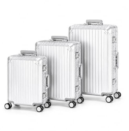 Travelhouse Tokyo Alu Reisekoffer T6035 Reise Trolley, Silber, Handgepäck, Mittlerer und Großer Koffer Set 3er
