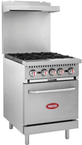 Kratos 24 Wide Commercial Gas Range with Four Burners and Standard Oven, Stainless Steel Range for Restaurants, 150,000 Total BTU, Liquid Propane (29Y-043-LP)