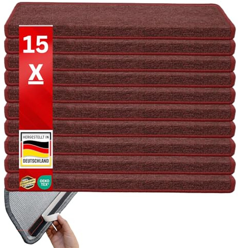 casa pura London Stair Tread Mat, 15 Pieces (23.5 x 65 cm) Stair Pad Mat, Staircase Carpet Mats, Self-adhesive Stair Runner Mats (Wine Red, Rectangular)