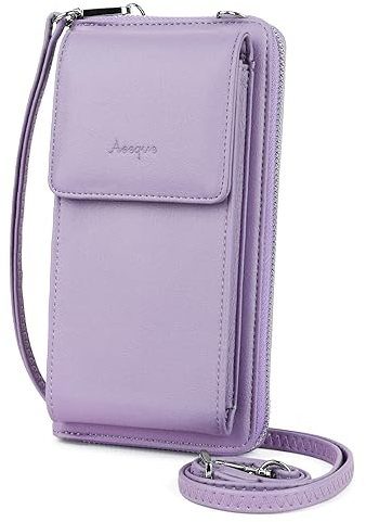 Aeeque Handytasche mit Geldbörse zum Umhängen,Damen Handytasche zum Umhängen mit 14 Kartenfächer,Handytasche mit Portemonnaie PU Leder für Reisen,Klein Umhängetaschen für Handy unter 7 Zoll - Lila
