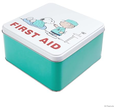 BUTLERS Medizinbox Snoopy (L 17,5 x B 17,5 x H 9 cm) -Peanuts Erste Hilfe- Leere Hausapotheke Box aus Metall zur Medikamenten Aufbewahrung, Pflasterbox und Verbandskasten für Kinder und Erwachsene