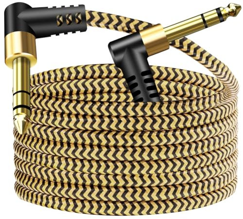 Hanprmeee 1/4 Inch TRS Instrument Cable 3Ft, 6.35mm Stereo Audio Cable Male to Male Right-Angle-to-Straight for Electric Guitar, Bass, Keyboard, Mixer, Speaker (1M)