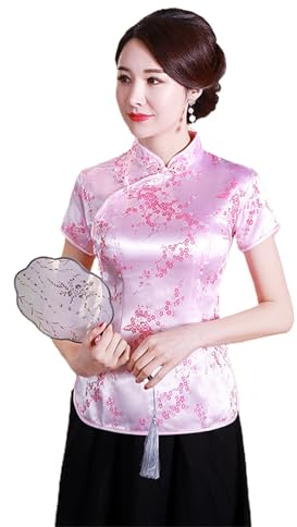 Bigougem Cheongsam Chinois Manches Courtes Col Montant Imprimé Dragon Phoenix Chemisier Ethnique Blouse Top pour Fête Été, rose, L