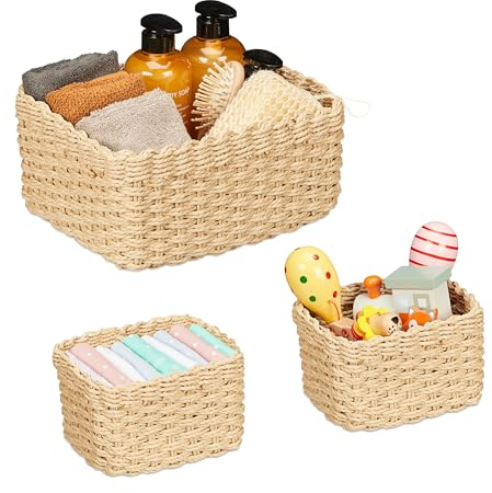 Relaxdays Aufbewahrungskorb geflochten, 3er Set, 2 Größen, Badkorb, Schrank & Regal, Papierseil, Dekokörbe, Hellbraun