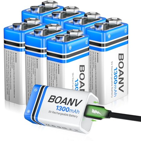 9V Akku Block Wiederaufladbare, 1300mAh 9V Lithium-ionen Batterie, Micro USB Ladegerät mit 2-in-1 Ladekabel für Rauchmelder, Alarme Tastatur Mikrofon (8 Stück)