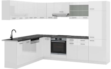 Vicco Eckküche R-Line, Weiß Hochglanz/Weiß, 287 x 60 cm, AP Anthrazit, mit modularen Elementen flexibel erweiterbar