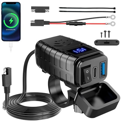 Presa USB 12V per Moto Impermeabile, Tipo C e Caricabatterie USB con Interruttore On/Off e Misuratore di Tensione LED, Presa USB-C da SAEa USB Quick Charge 3.0 per Camper Moto 12V~24V (Tipo C + USB-A)