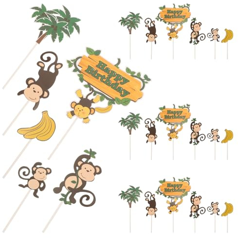 BUGUUYO Affen Cake Topper Set Kucheneinsatzkarte Für Kindergeburtstag Babyparty Und Cupcake Dekorationen Lebensmittelechtes Material Bunte Tortendeko 4 Stück 7.48 X 4.72 in