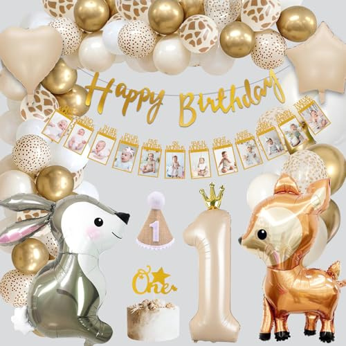 1. Geburtstag Luftballon, Happy Birthday Girlande und Tortenaufsatz für den Ersten Geburtstag eines Mädchens oder Jungen in Beige und Gold