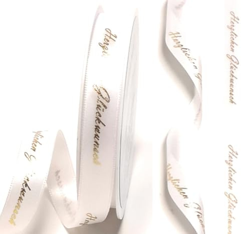 s.dekoda Satinband 20m x 15mm - Herzlichen Glückwunsch - Druckband Schleifenband Dekoband weiß - gold