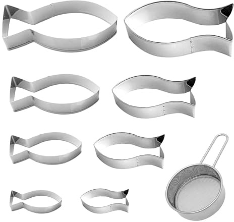 YSJCHEBS Fisch-Ausstechformen-Set, 9 Stück, Silber, Keksausstecher-Set mit Puderzuckersieb