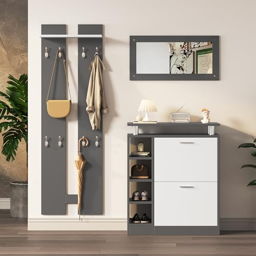 BENMWS Wandgarderoben Set,inkl,Spiegel,2 Wandpaneelen,Einer Regalwand und einem Schuhschrank,Korpus anthrazitgrau matt,Flurmöbel,Flurtrockenständer,Flurgarderobe,Schuhwechsler-Set
