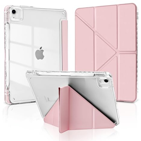 MuyDouxTech Coque pour iPad Air 11 M4/M3/M2 (2026/2025/2024), iPad Air 5/4 2022/2020 10,9 avec Porte-Stylet, Support Vertical et Horizontal 5 Angles Pliables, Étui Dos Transparent Antichoc, Rose