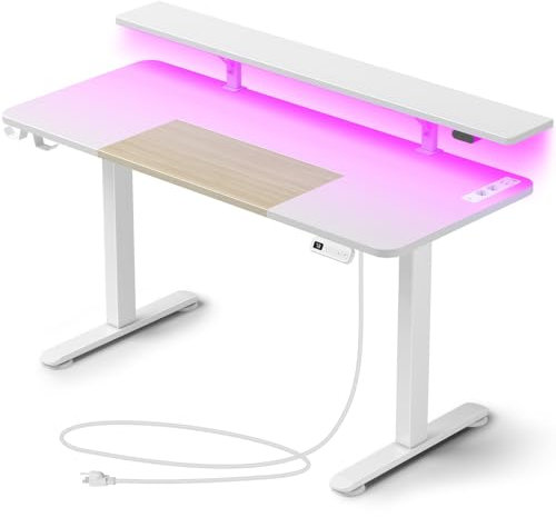 Rolanstar Höhenverstellbarer Schreibtisch 140x60 cm, Elektrischer Steh-Sitz Tisch mit LED, Steckdosen & USB-Ladeanschluss, Ergonomischer Gaming & Homeoffice Computertisch, Standing Desk für Büro