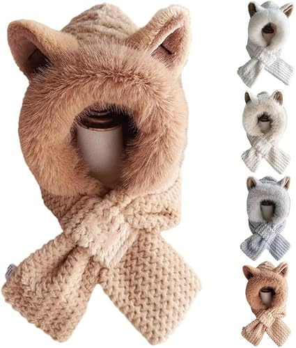 QIWOWO Cute Fox Ears 2-in-1 Hat and Scarf, 2024 New Winter Warm Hats for Women, Integrated Ear Protection Windproof Cap Scarf (1,Mittelgroß)