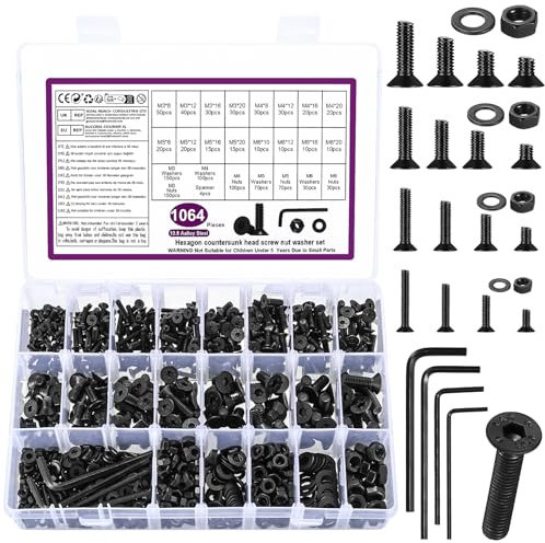 Lot de 1064 vis M3 M4 M5 M6 à tête fraisée à tête fraisée à six pans creux avec écrous et rondelles - Noir - Vis filetées et écrous