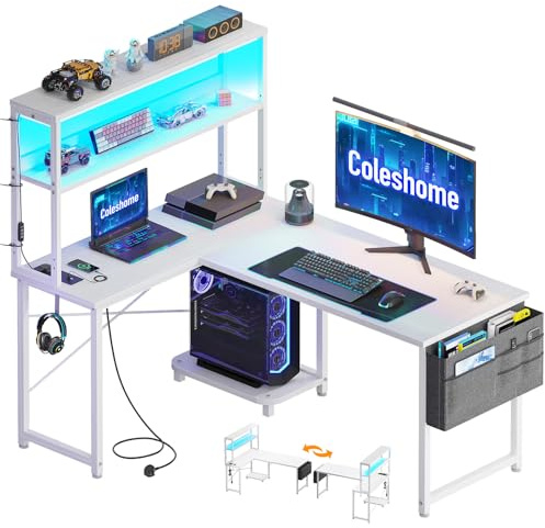 Coleshome L Shaped Gaming Desk with LED Lights & Power Outlet, 110 × 80 cm Reversible Computer Desk with Shelves, Corner Desks with Storage Bag & Hook for Home Office, White