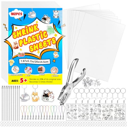 REAQUE 183-teiliges Schlüsselanhänger-Set aus Schrumpffolie, A5-Schrumpffolie, zum Zeichnen, Basteln und Dekorieren