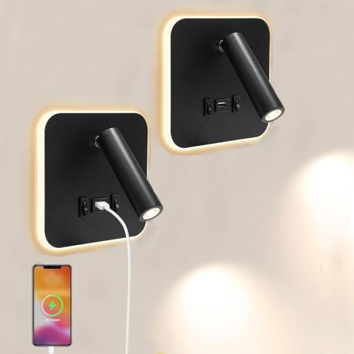 Mhwgo 2Pcs Lampada da Parete LED, Applique da Parete Interno, Lampada da Lettura da Comodino con Porta di Ricarica USB e Interruttore, Regolabile a 360° Luce da Lettura per Camera da Letto Soggiorno