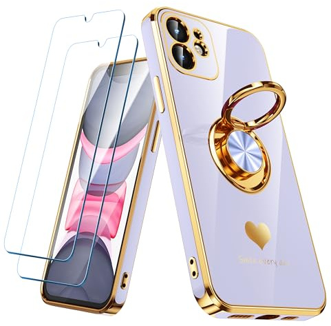Nonional Compatible for iPhone 11 Case with 2 Pack Screen Protector, 360° Rotatable Ring Holder [Luxury Hearts Pattern] Plating Gold Edge Slim Soft Phone Cover Case for iPhone 11 - Lavender