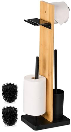 Relaxdays WC Garnitur, Bambus, HBT: 68x27x18 cm, freistehender Klopapierhalter, Ablage, Toilettenbürste, schwarz/Natur