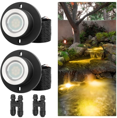 HIBOITEC 3W Pond Lights LED Underwater, 2700K Warm White, IP68 Waterproof Low Voltage Submersible Fountain Lights for Ponds Tank Garden Waterfall, 12-24V AC/DC, 2 Pack