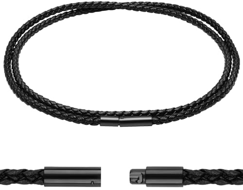 Luxeu Collana Intrecciata in Pelle, 3mm Collana Cuoio Uomo, Pelle Catenina con Chiusura, Catena di Cuoio Nero, con Portagioie e Sacchetto in PVC, per Ciondoli, Artigianato (Lunga 50cm)