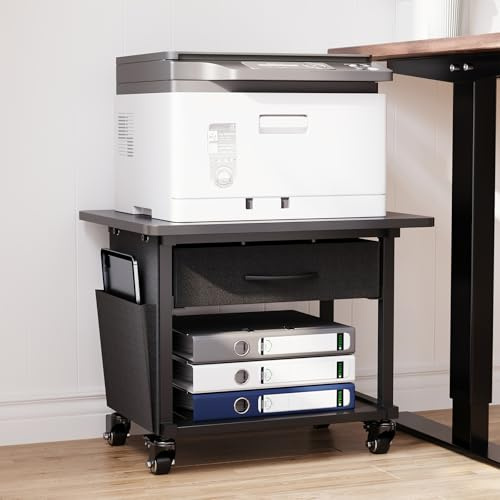 2-Tier Printer Stand with Drawer – Compact Under Desk Printer Table with Lockable Wheels, Mobile Storage Cart for Home Office, Ideal for Fax, Scanner, 3D Printer (Black)