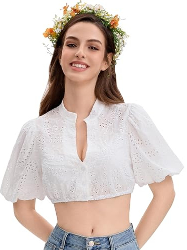 zffriction Dirndl blus damer vit puffärmar Dirndlblus traditionell blus V-ringning knappslå Dirndlblusar kostym oktoberfest, Vit, S