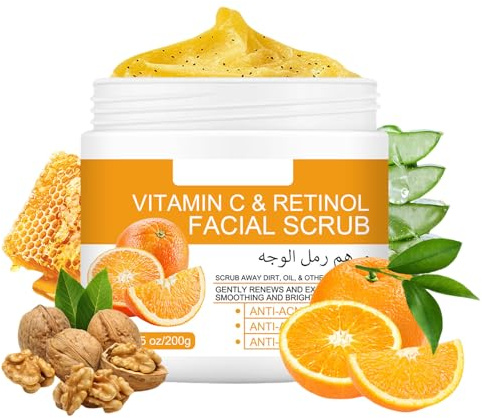 Facial Scrub Exfoliator with Vitamin C & Retinol,Natural Aloe Vera Exfoliating Scrub| Deep Cleansing,Pore Refining,Brightening Skin| Body and Face Scrub,Gently Exfoliates Skin / 7.05 OZ