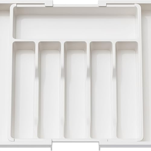 ONZLBOR Cutlery Drawer Organiser - Extendable Cutlery Tray with 8 Compartments, Adjustable Kitchen Utensil Holder for Forks Spoons Knives, Fits Most Drawers （33-57cm） (White)